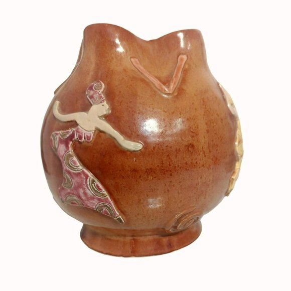 Vintage Studio Folk Art Pottery Stoneware Vase African Women Dancing Signed Conn - Picture 3 of 5